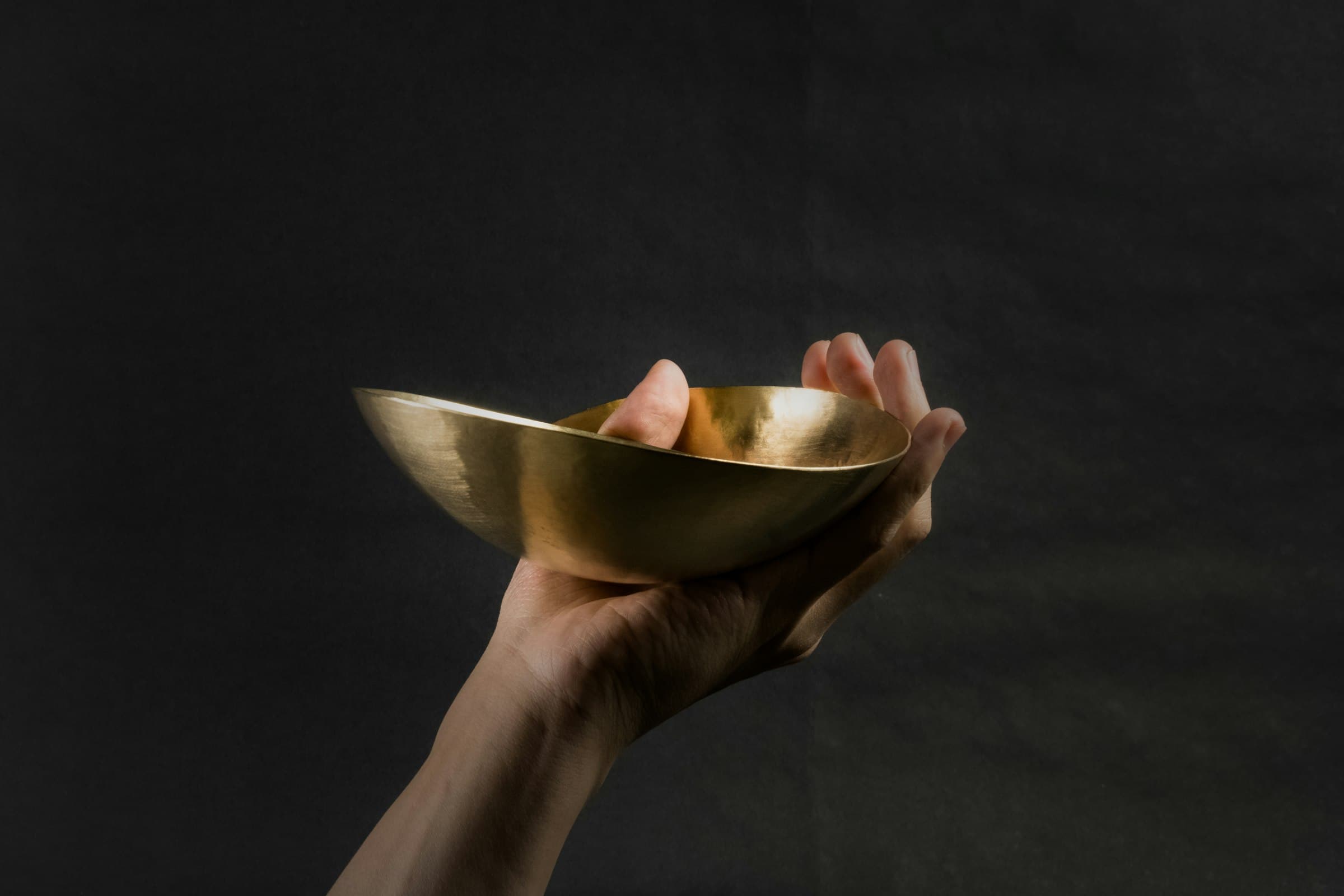 A hand holding a shallow hammered brass bowl